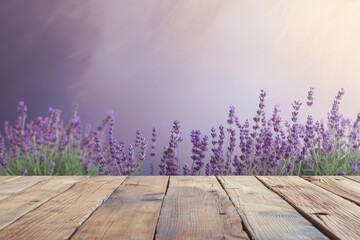 Empty Wooden Table Top for Product Display with Lavender Background