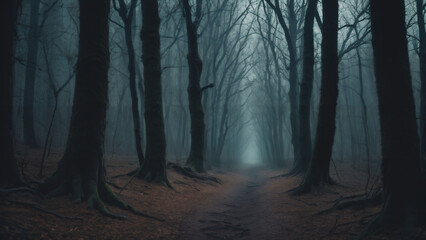 a path in a dark forest with trees on both sides of it and a foggy sky above it, dark atmosphere