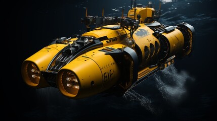 Luxurious private submarine exploring the deep ocean with majestic fish swimming alongside