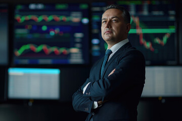 Professional middle aged businessman in suit in stock market screens