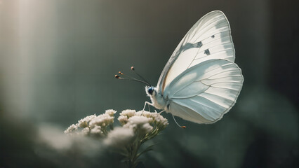 a white butterfly sitting on a flower with a blurry background , a macro photograph