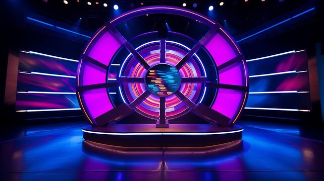 Modern game show wheel with neon segments, on a sleek stage with dynamic led lighting
