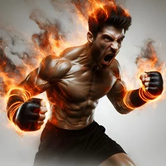 Foto op Aluminium Fierce male man pugilist martial artist fighter with fire flames fists , martial arts power energy concept © palangsi
