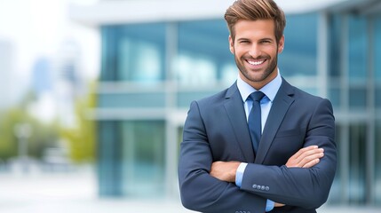 Blurred business center background with young businessman outdoors, perfect for commercial use