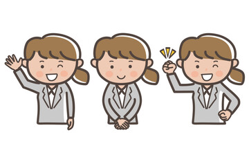 ビジネスウーマンの上半身ポーズセット_ガッツポーズ_挨拶_返事