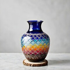 A delicate glass vase with intricate patterns and vibrant colors.