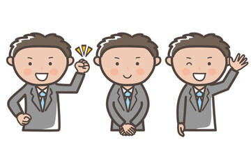 ビジネスマンの上半身ポーズセット_ガッツポーズ_挨拶_返事