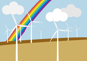 Paisaje de parque eólico con arcoiris.