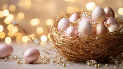 Fototapeta na wymiar An elegant springtime display featuring an easter basket with sparkling eggs, set against a soft, bokeh backdrop