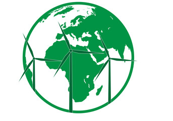 Icono verde de planeta tierra con aerogeneradores.  © Gabrieuskal