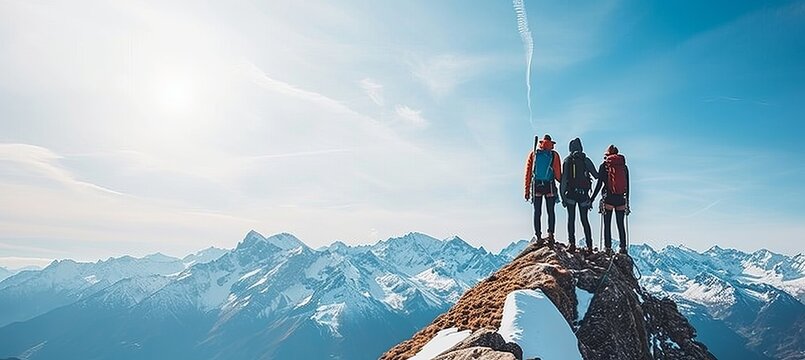 Group of friends climbing together to reach the summit of the mountain as a team