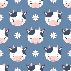 Obraz premium Cute cow and daisy flowers vector seamless pattern. Funny cartoon character with smiling face on blue background. Design for kids clothes, textile, fabric, wrapping, scrap paper 