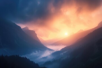 Ethereal Peaks: Sunrise Unfolds in the Mountain Mist
