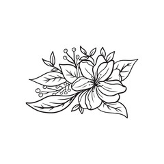 Realistic beautiful flower design with branch, leaves, berries in black isolated on white background. Hand drawn vector sketch illustration in doodle vintage engraved line art. Wedding, birthday.