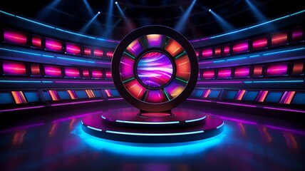 Modern game show wheel with neon segments, on a sleek stage with dynamic led lighting - obrazy, fototapety, plakaty