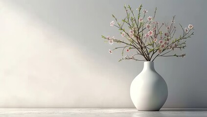 Elegant spring blossom in white vase soft light and vintage design. Stylish floral arrangement on wooden table nature inspired home decor. Minimalist interior in ceramic jug rustic background