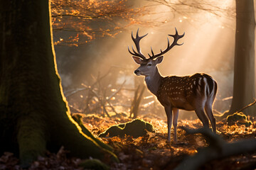 Hirsch im Wald, Sonnenaufgang, erste Lichtstrahlen, Tierfotografie, erstellt mit generativer KI - 724506819