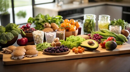 Fototapeta na wymiar Feast for the eyes, an assortment of fresh produce and raw ingredients ready for a healthy meal prep on a wooden countertop