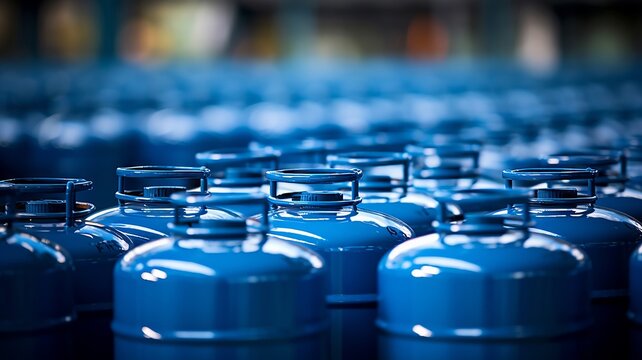 Pattern of blue propane tanks tightly packed, with selective focus creating depth in an industrial setting