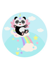 Round illustration with unicorn panda on rainbow with clouds
