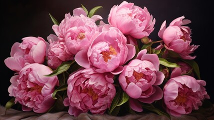 A bouquet of pink peonies in a vase on a dark background. Congratulations on Mother's Day, Valentine's Day, Women's Day. Romantic background and greeting card.