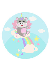 Round illustration with unicorn hippo on rainbow with clouds