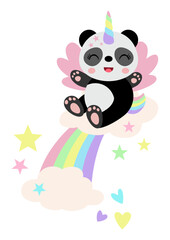 Unicorn panda on rainbow with clouds