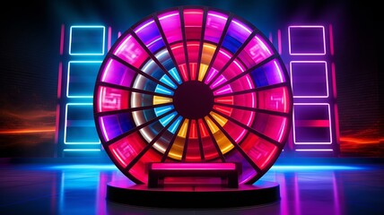 Modern game show wheel with neon segments, on a sleek stage with dynamic led lighting