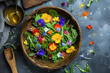 Fresh garden salad with edible flowers