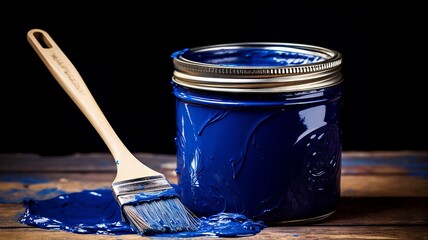 Painter's can of vibrant cobalt blue paint with a bristle brush on top, ready for use on a palette of blue shades - obrazy, fototapety, plakaty