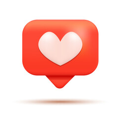 3d Love Like Heart Icon, Social Media Notification, Speech bubble. Social Media Network. Trendy Vector Realistic Illustration.
