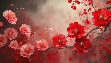 Abstrakcyjne czerwone kwiaty, tapeta, dekoracja. Generative AI - obrazy, fototapety, plakaty