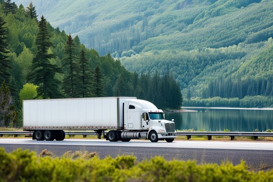 A large white semi truck was driving on the road near the lake. Commercial cargo semi-truck in a refrigerated semi-trailer along the road with green trees near the lake