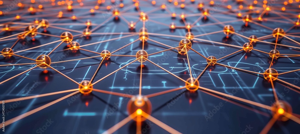 Poster interconnected points illustrating internet of things and machine learning with blurred background