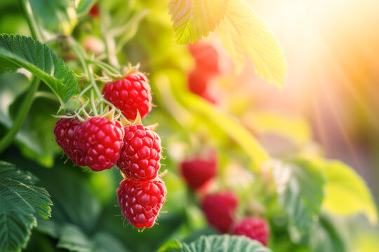 Sun-kissed raspberries on the vine