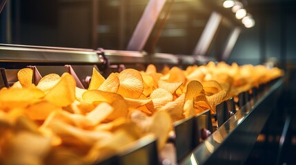 Automated potato chips packaging line on conveyor belt for crispy snacks production - obrazy, fototapety, plakaty