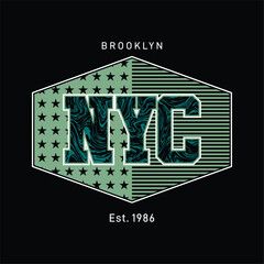 Vector illustration on the theme of Brooklyn, New York City. Flag background. Typography stamps, graphic t-shirts, posters, banners, prints, brochures, postcards.