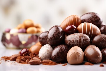 Chocolate eggs, spring flowers on light background. ai generated