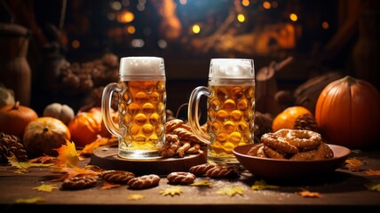 Traditional beer feast with pretzels and wheat, captured in a lively oktoberfest tent