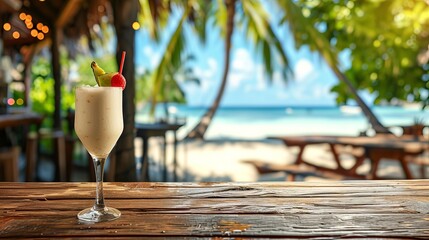 Refreshing pina colada cocktail in tropical setting with blurred beach background and copy space - obrazy, fototapety, plakaty