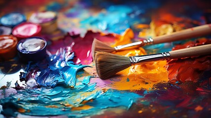 Obraz premium Close-up on a messy artist’s palette, splashes of paint mixing, with art brushes ready at its edge