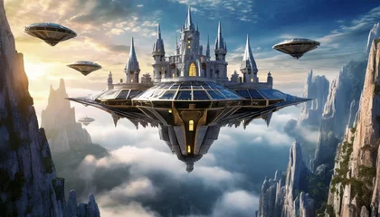 Fotobehang Skyborne Citadel: A Sci-Fi Saga of the Futuristic Flying Castle" © Sadaqat