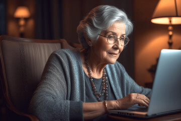 Well-groomed Senior woman in gray sweater working in laptop at home. The development of new technologies and their widespread introduction into everyday life. Development of Civilization