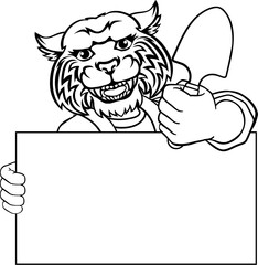 A gardener, farmer or handyman wildcat cartoon mascot man holding a gardening tool