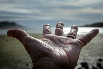 Hand stretching out. Beach and coast Tasman Sea at Raglan Waikato New Zealand.