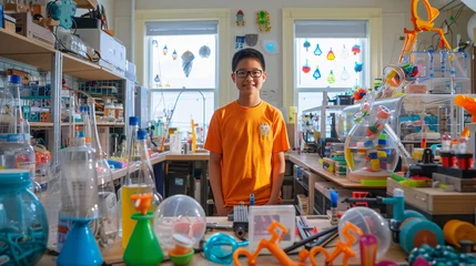 Fotobehang A 14-year-old prodigious inventor engrossed in his colorful, whimsical gadgets and innovative contraptions in a vibrant and well-equipped laboratory. With unrestrained creativity and unmatch © Nijat