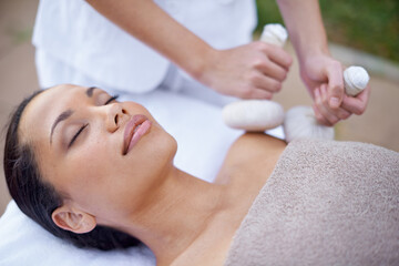 Women, health and body massage in spa, wellness and peace with herbal compress for relax holiday....