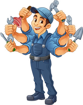 recommend clip art: A handyman cartoon handy man caretaker construction worker or maintenance man multitasking caretaker concept.