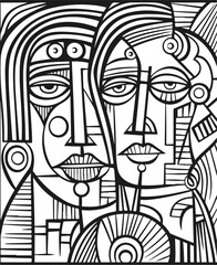 Abstract art vector outline illustration of couple, man and woman portrait. Black and white coloring page of human faces.