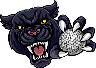 A panther cougar or jaguar cat animal sports mascot holding golf ball - obrazy, fototapety, plakaty